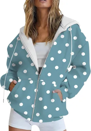 Baggy Full Zip Hoodie for Women Fashion Fall Long Sleeve Sweatshirts Printed Outdoor Jackets with Pockets S-2XL