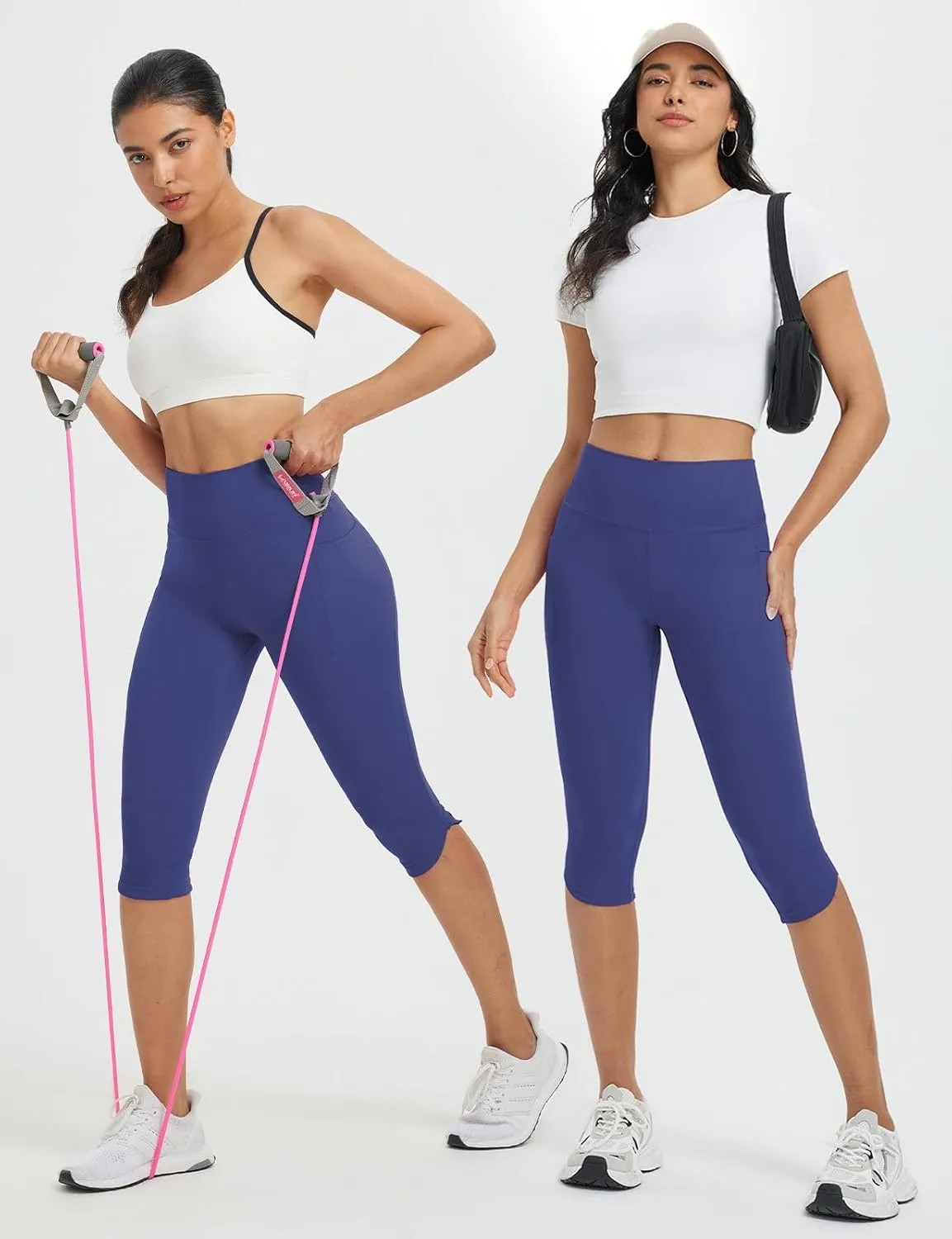 baleaf Womens 17" High Waisted Capri Leggings with Pockets Tummy Control Yoga Gym Capris Pants
