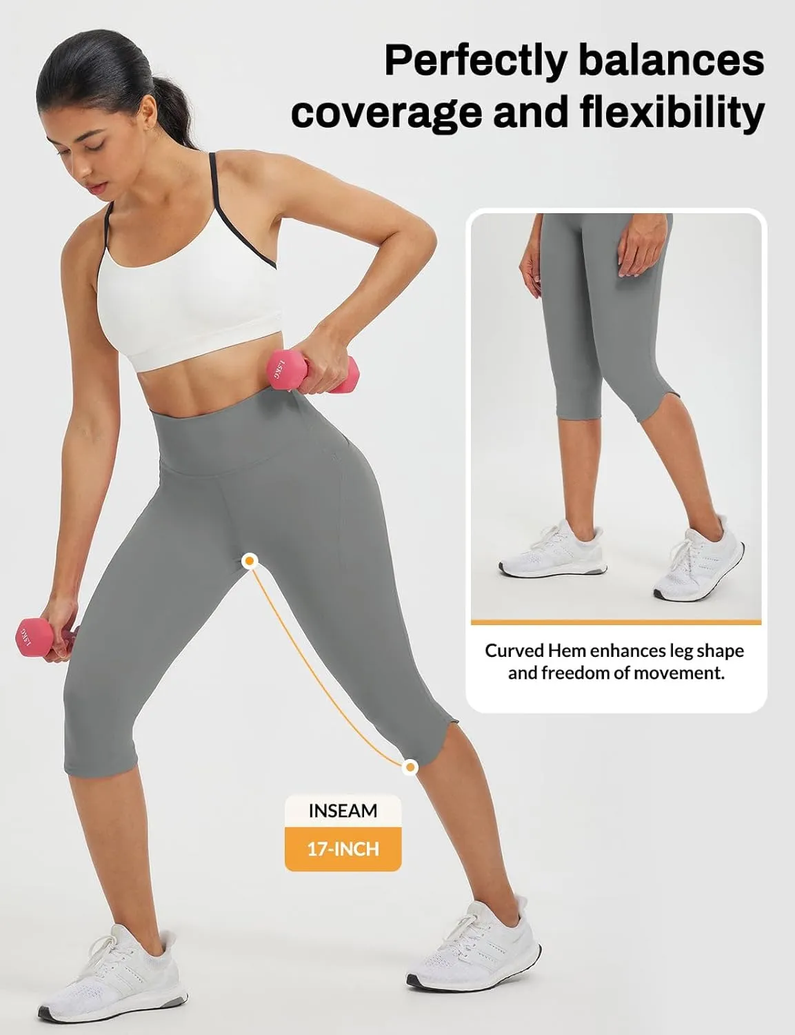baleaf Womens 17" High Waisted Capri Leggings with Pockets Tummy Control Yoga Gym Capris Pants