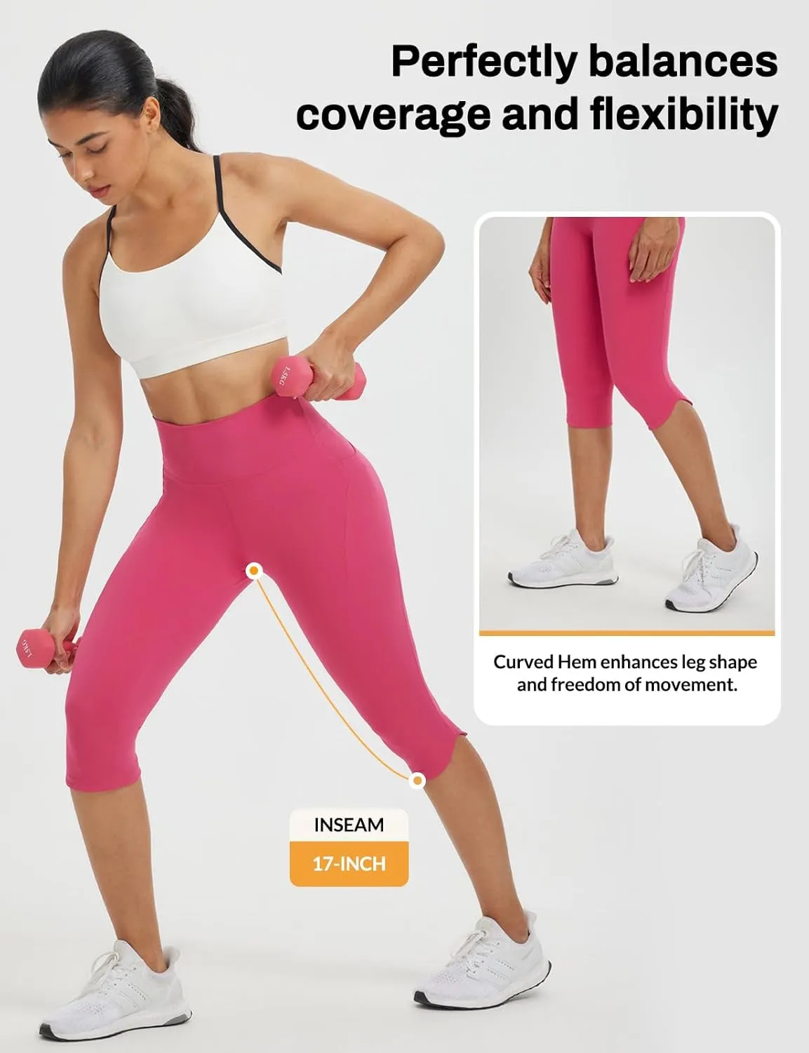 baleaf Womens 17" High Waisted Capri Leggings with Pockets Tummy Control Yoga Gym Capris Pants