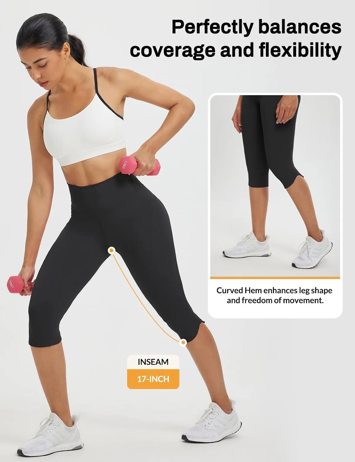 baleaf Womens 17" High Waisted Capri Leggings with Pockets Tummy Control Yoga Gym Capris Pants