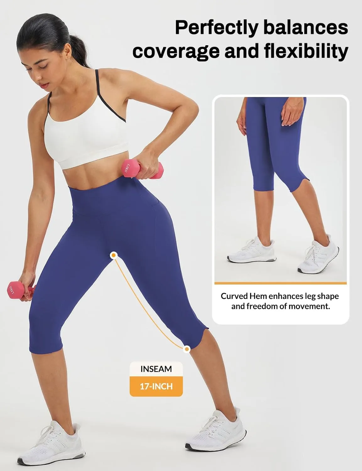 baleaf Womens 17" High Waisted Capri Leggings with Pockets Tummy Control Yoga Gym Capris Pants