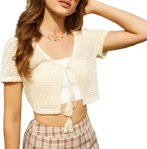 Beach Vacation Clothes for Women, Crochet Short Sleeve Cardigan V Neck Tie Front Shrug, Boho Summer Tops for Women