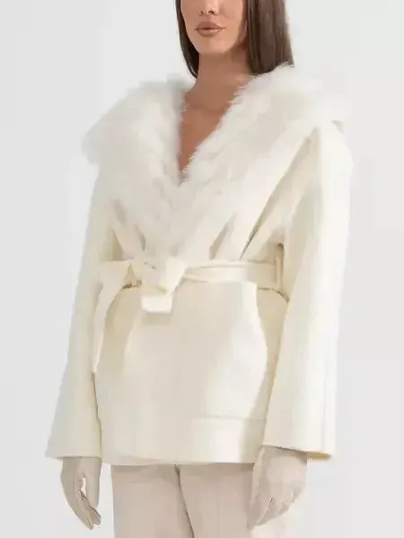 Belted Fur Lined Cashmere Jacket with Fur Lining