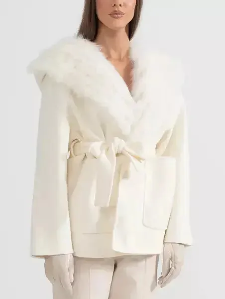 Belted Fur Lined Cashmere Jacket with Fur Lining