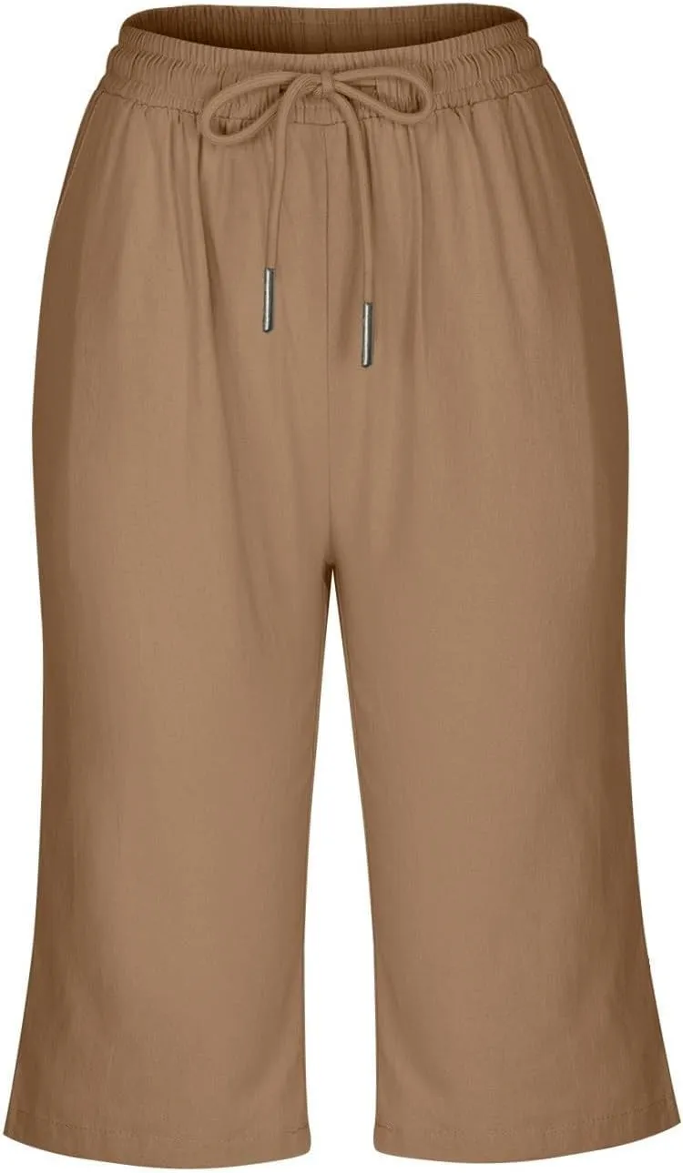 Bermuda Shorts for Women Knee Length Elastic Waist Drawstring Linen Capri Lightweight Summer Long Shorts with Pockets