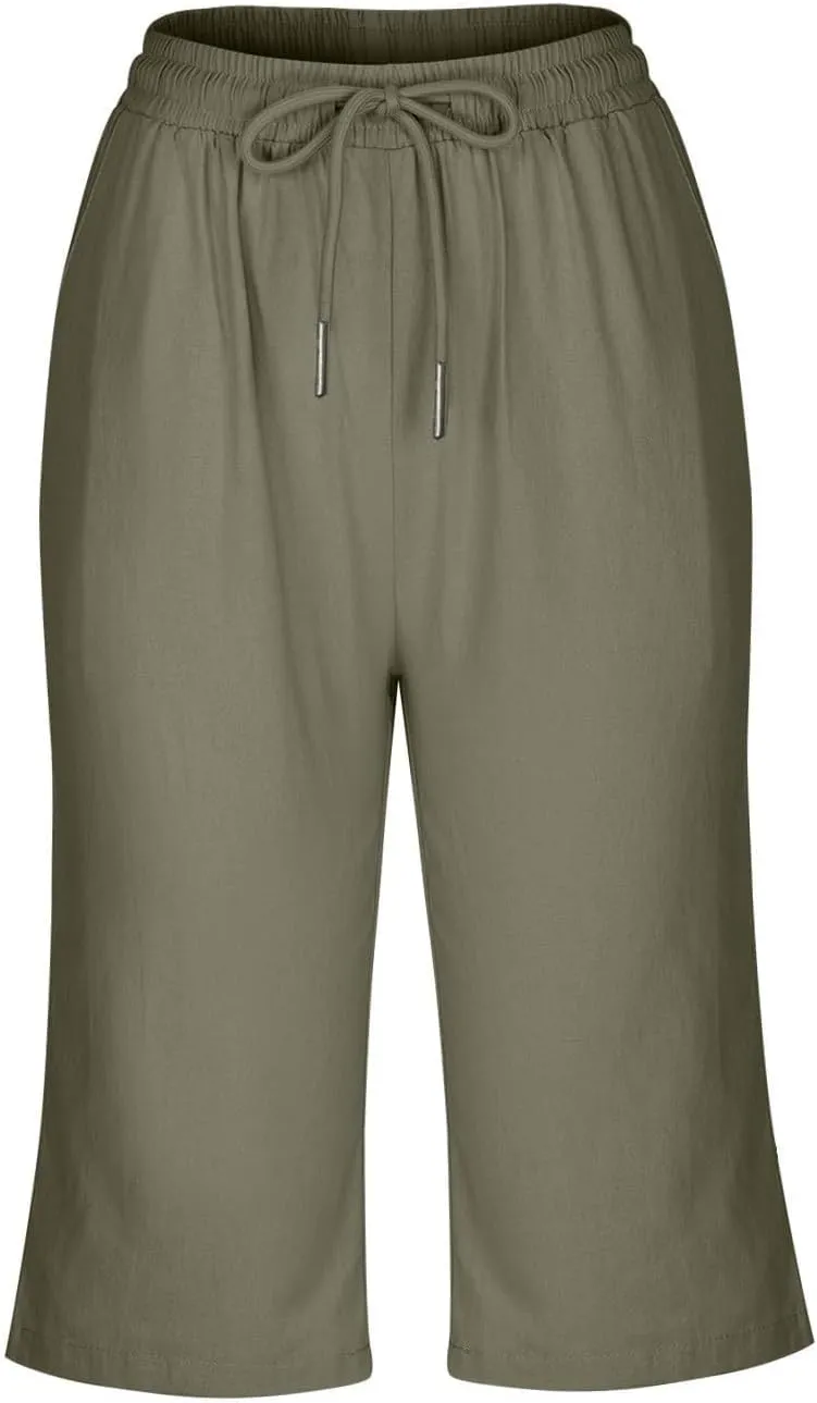 Bermuda Shorts for Women Knee Length Elastic Waist Drawstring Linen Capri Lightweight Summer Long Shorts with Pockets