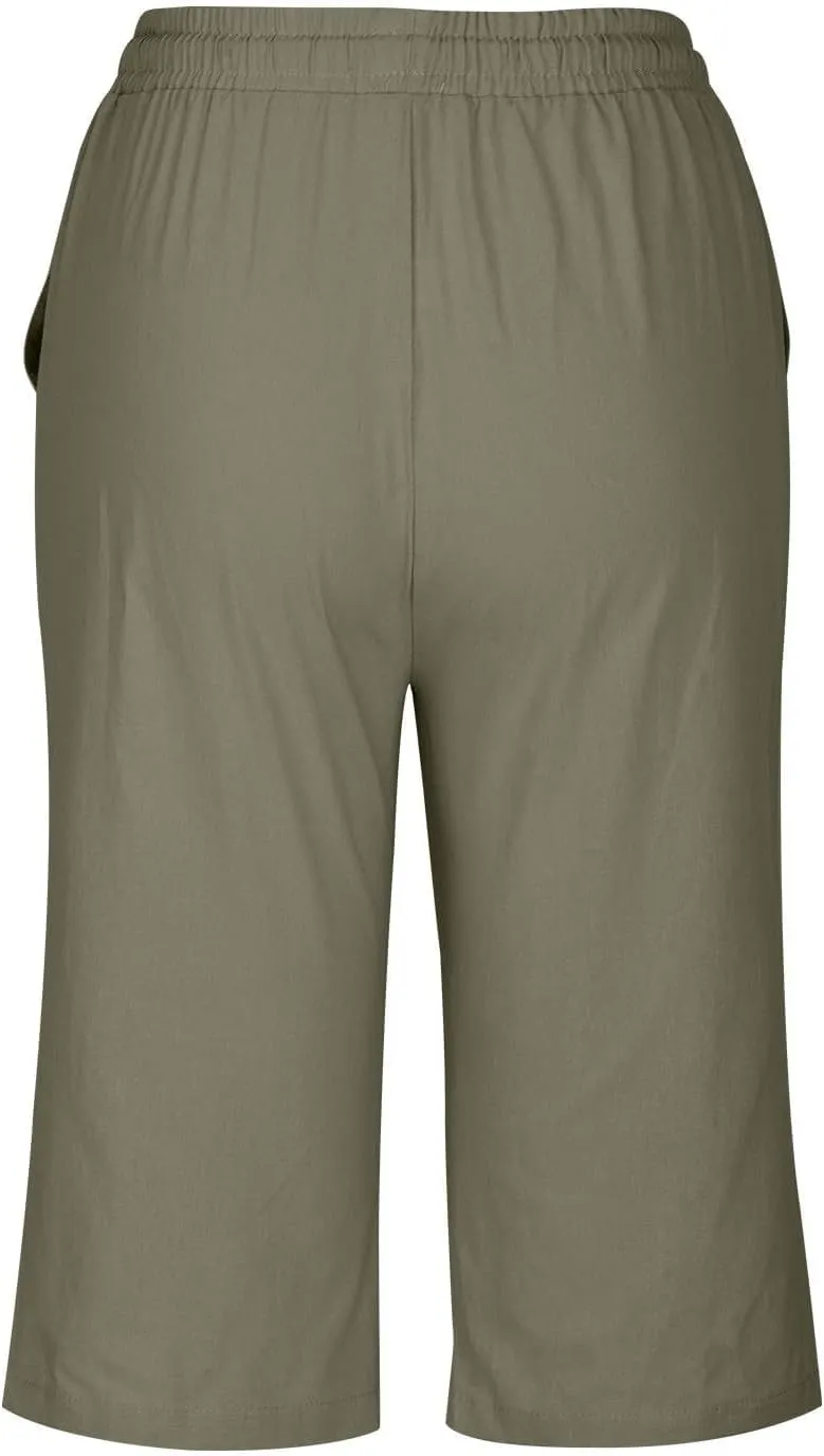 Bermuda Shorts for Women Knee Length Elastic Waist Drawstring Linen Capri Lightweight Summer Long Shorts with Pockets