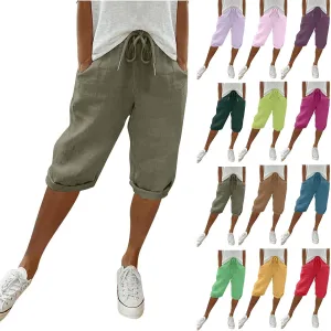 Bermuda Shorts for Women Knee Length Elastic Waist Drawstring Linen Capri Lightweight Summer Long Shorts with Pockets
