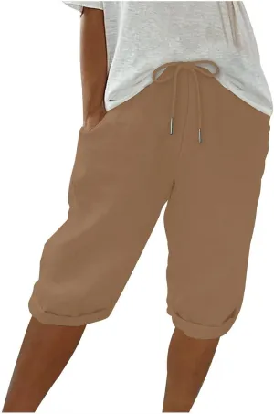 Bermuda Shorts for Women Knee Length Elastic Waist Drawstring Linen Capri Lightweight Summer Long Shorts with Pockets