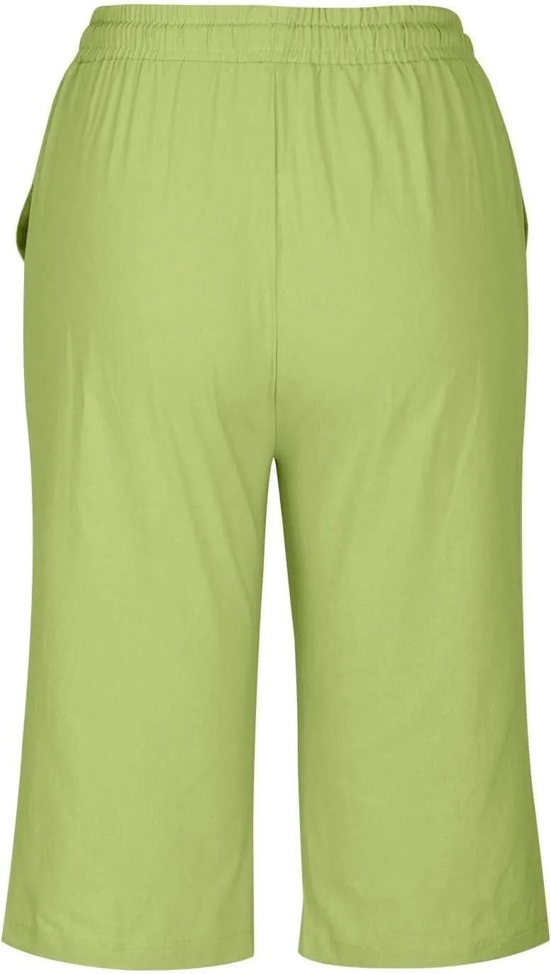 Bermuda Shorts for Women Knee Length Elastic Waist Drawstring Linen Capri Lightweight Summer Long Shorts with Pockets