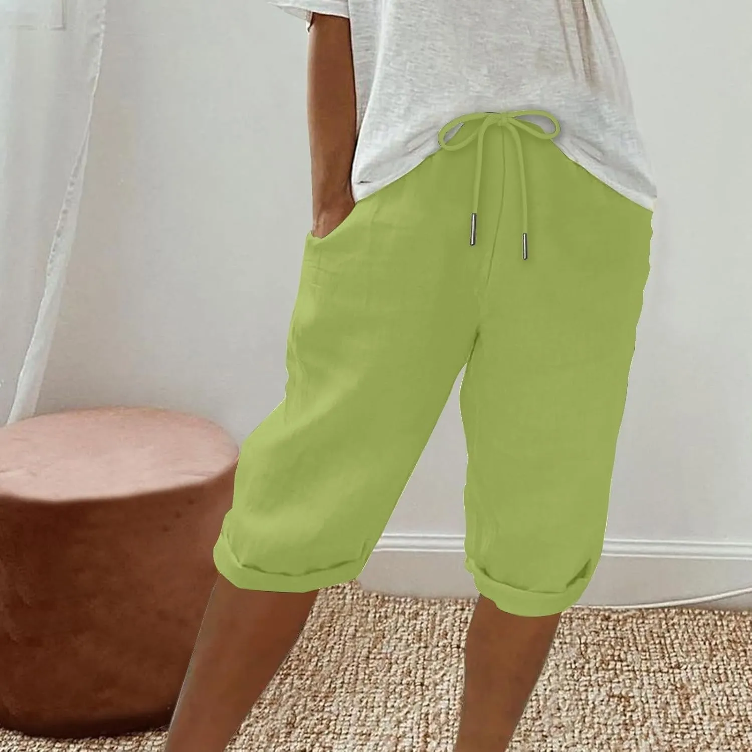 Bermuda Shorts for Women Knee Length Elastic Waist Drawstring Linen Capri Lightweight Summer Long Shorts with Pockets