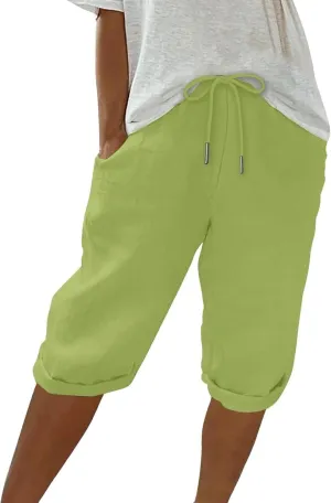 Bermuda Shorts for Women Knee Length Elastic Waist Drawstring Linen Capri Lightweight Summer Long Shorts with Pockets