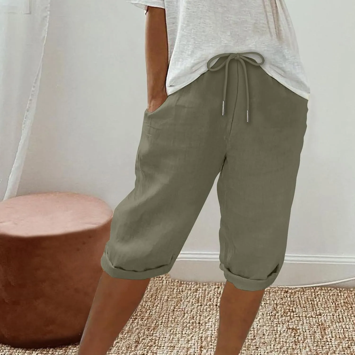 Bermuda Shorts for Women Knee Length Elastic Waist Drawstring Linen Capri Lightweight Summer Long Shorts with Pockets