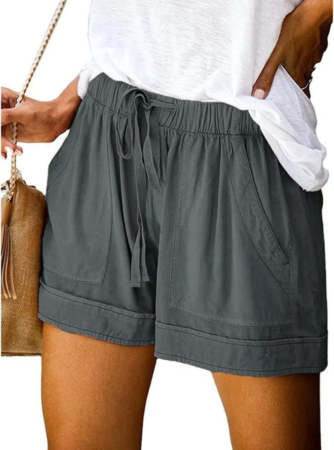 Bermuda Shorts for Women Loose High Waisted Short Pants Wide Leg Linen Knee Length Summer Casual Long Pockets