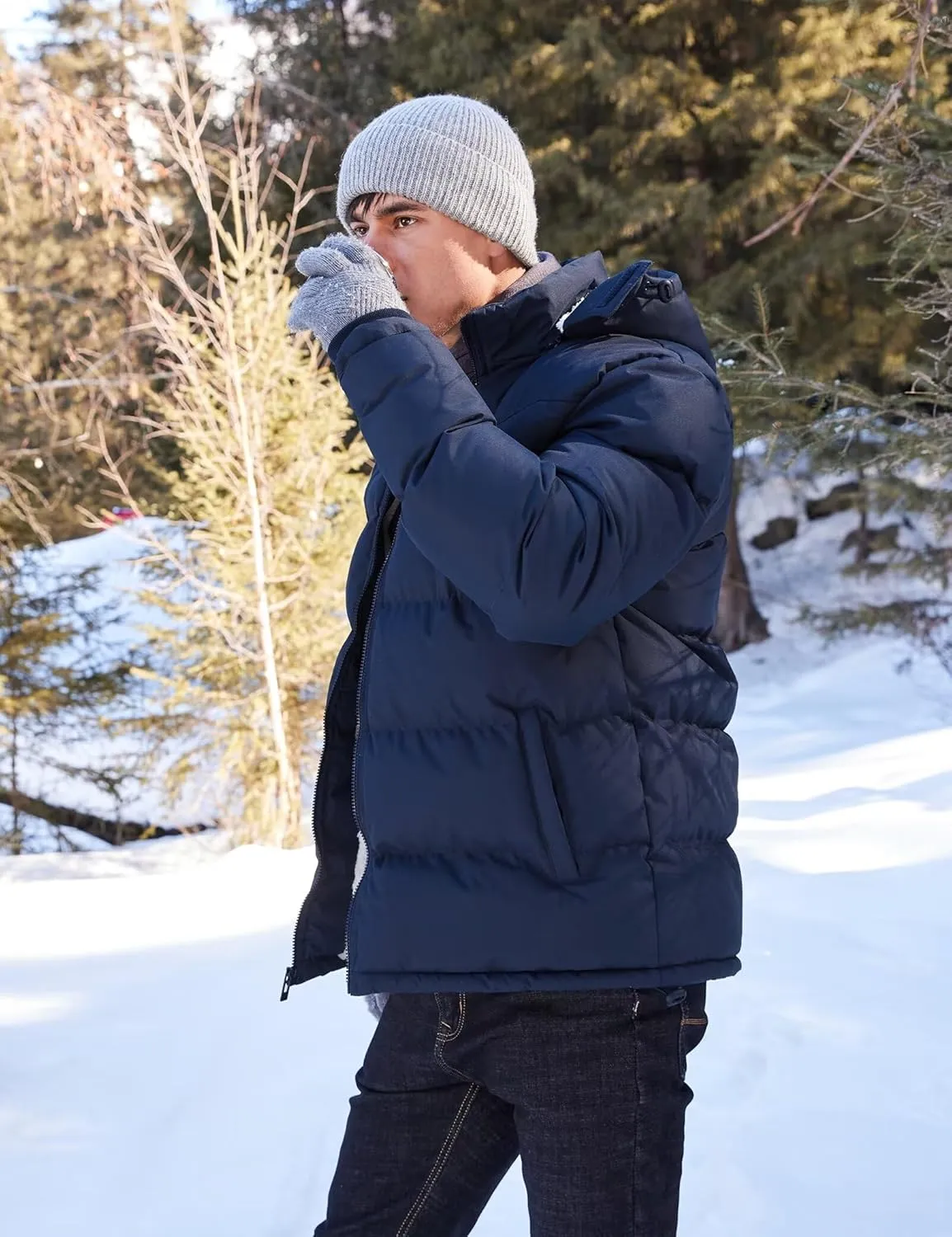BEST SOUTH Men's Hooded Winter Puffer Jacket Fleece Warm Bubble Coat Outerwear Cold Weather