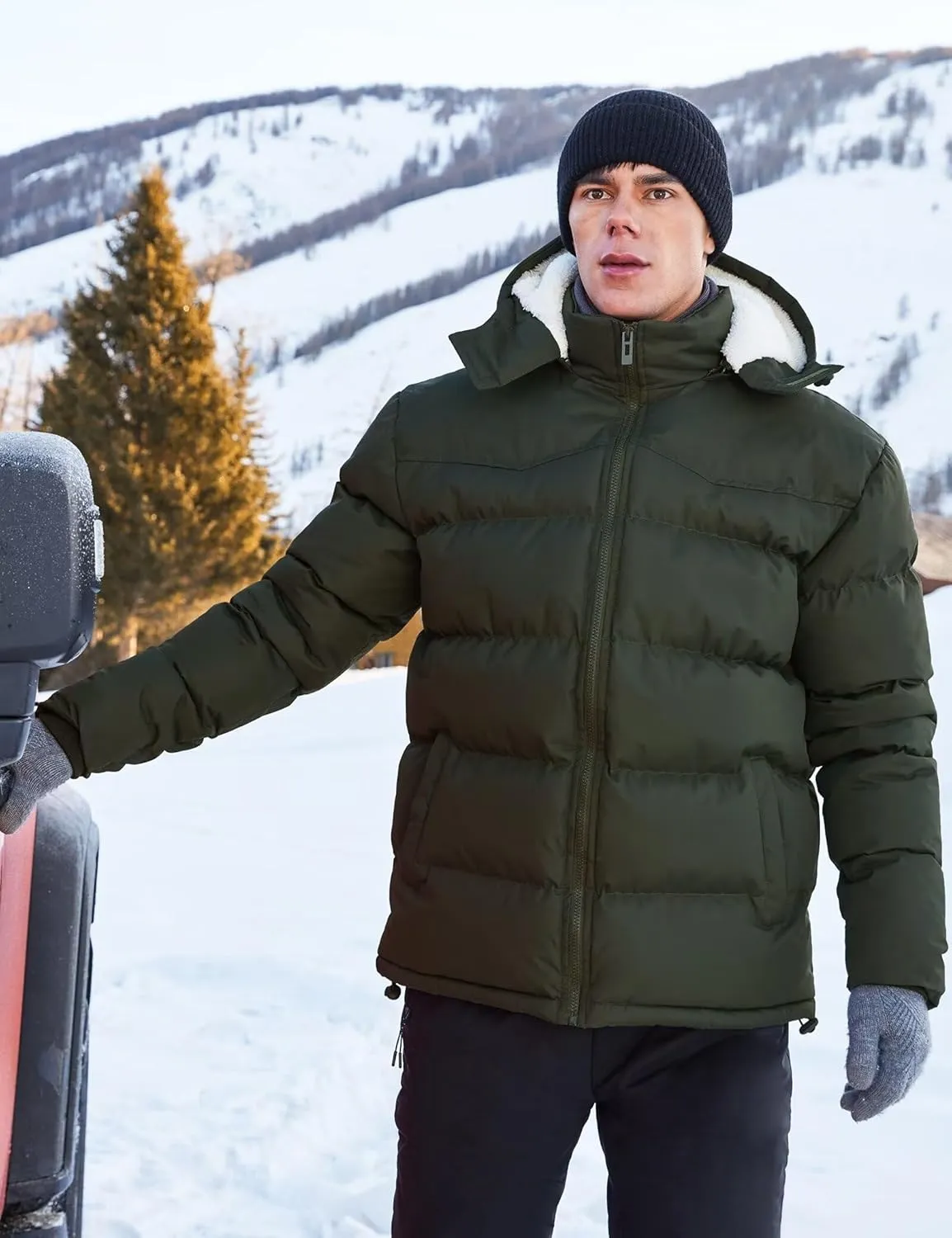 BEST SOUTH Men's Hooded Winter Puffer Jacket Fleece Warm Bubble Coat Outerwear Cold Weather