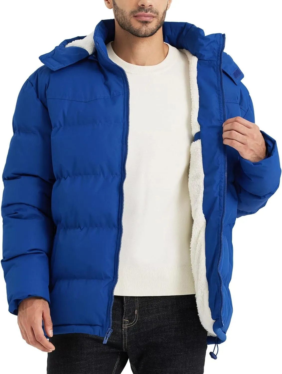 BEST SOUTH Men's Hooded Winter Puffer Jacket Fleece Warm Bubble Coat Outerwear Cold Weather