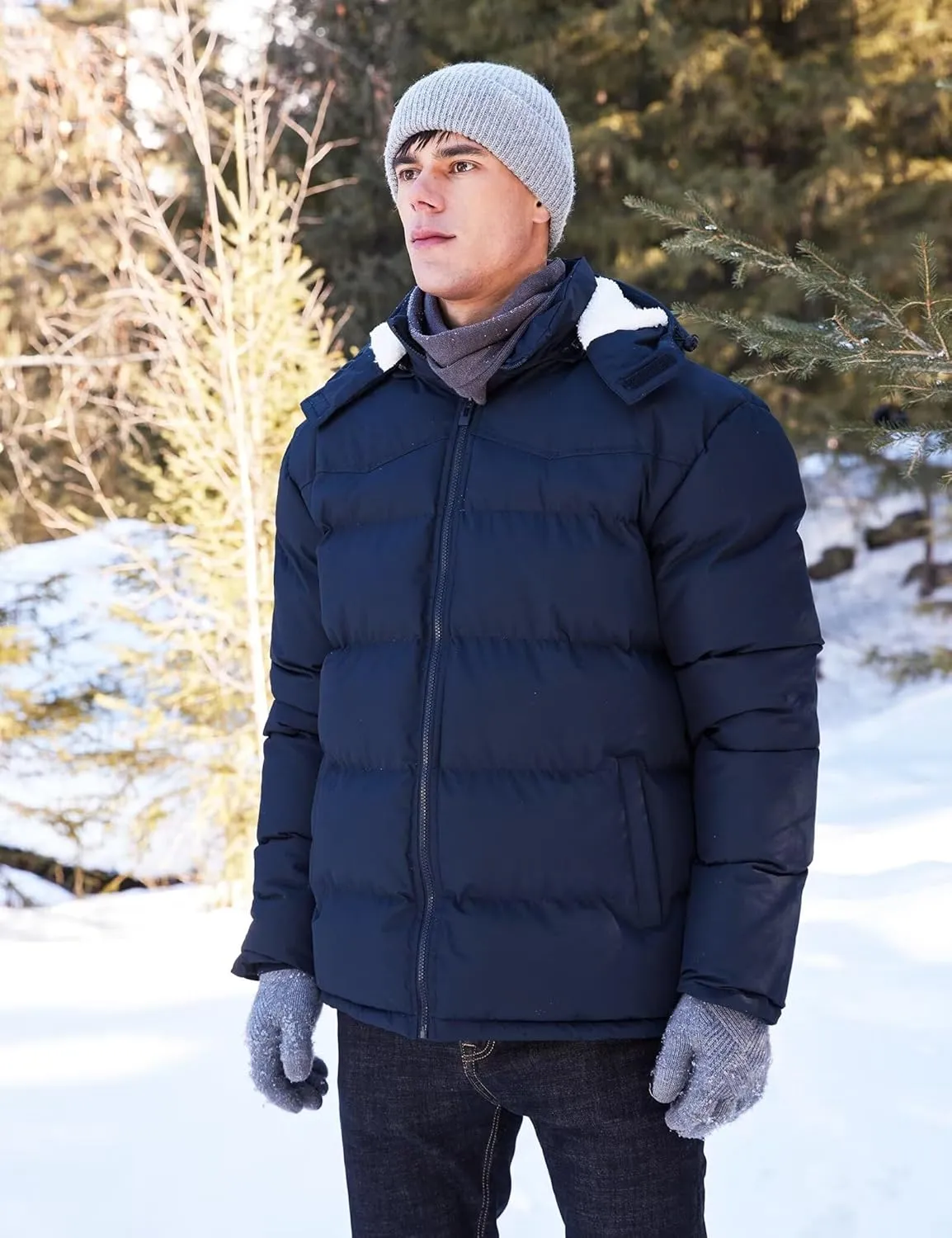 BEST SOUTH Men's Hooded Winter Puffer Jacket Fleece Warm Bubble Coat Outerwear Cold Weather