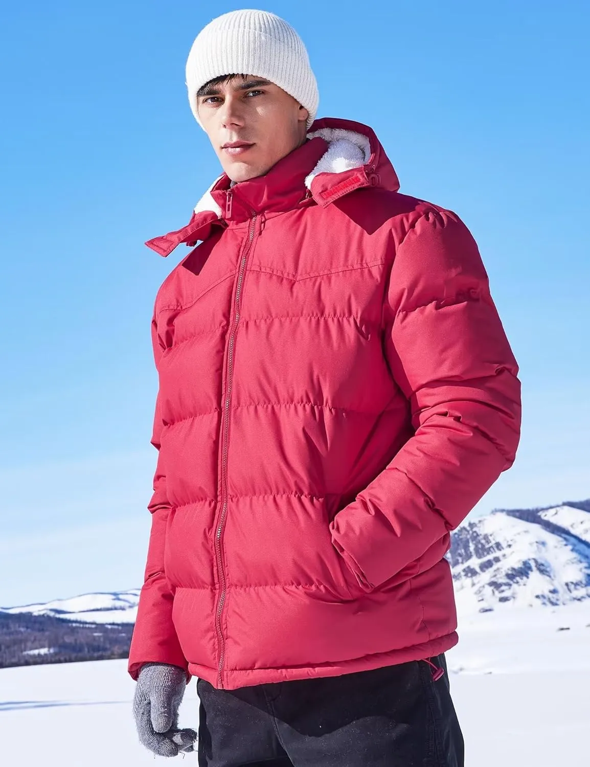 BEST SOUTH Men's Hooded Winter Puffer Jacket Fleece Warm Bubble Coat Outerwear Cold Weather