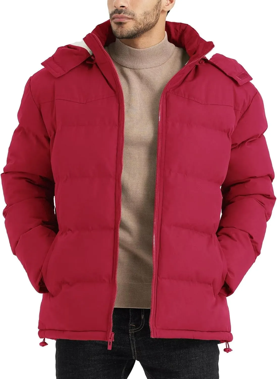 BEST SOUTH Men's Hooded Winter Puffer Jacket Fleece Warm Bubble Coat Outerwear Cold Weather