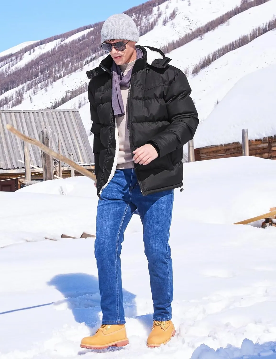 BEST SOUTH Men's Hooded Winter Puffer Jacket Fleece Warm Bubble Coat Outerwear Cold Weather