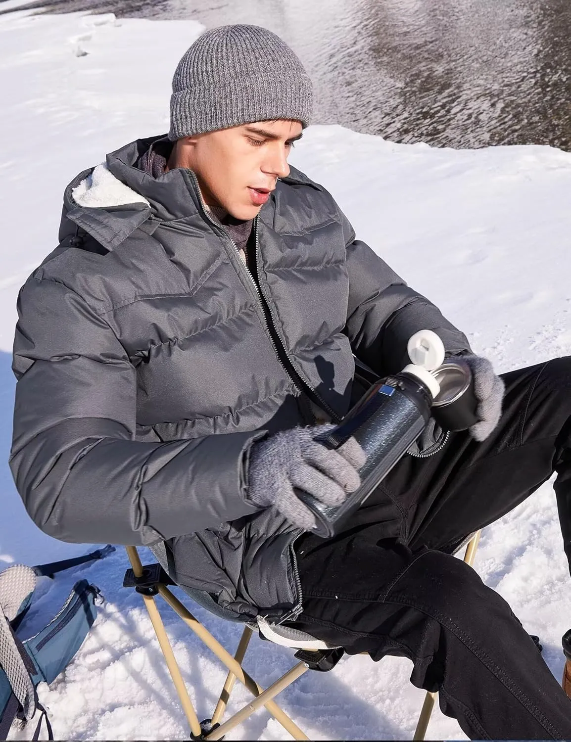 BEST SOUTH Men's Hooded Winter Puffer Jacket Fleece Warm Bubble Coat Outerwear Cold Weather