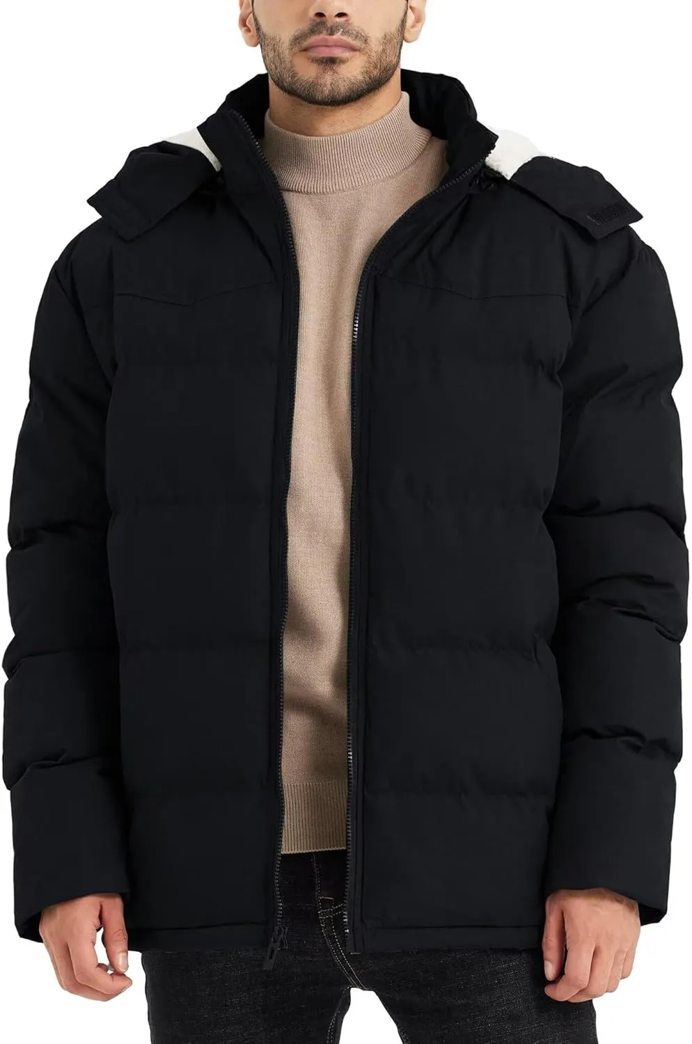 BEST SOUTH Men's Hooded Winter Puffer Jacket Fleece Warm Bubble Coat Outerwear Cold Weather