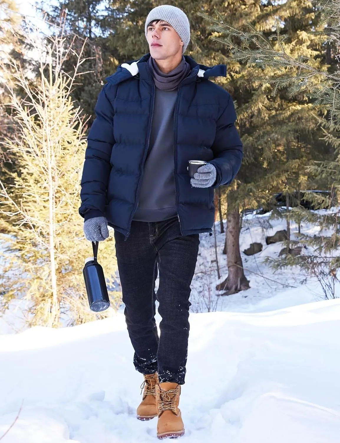 BEST SOUTH Men's Hooded Winter Puffer Jacket Fleece Warm Bubble Coat Outerwear Cold Weather