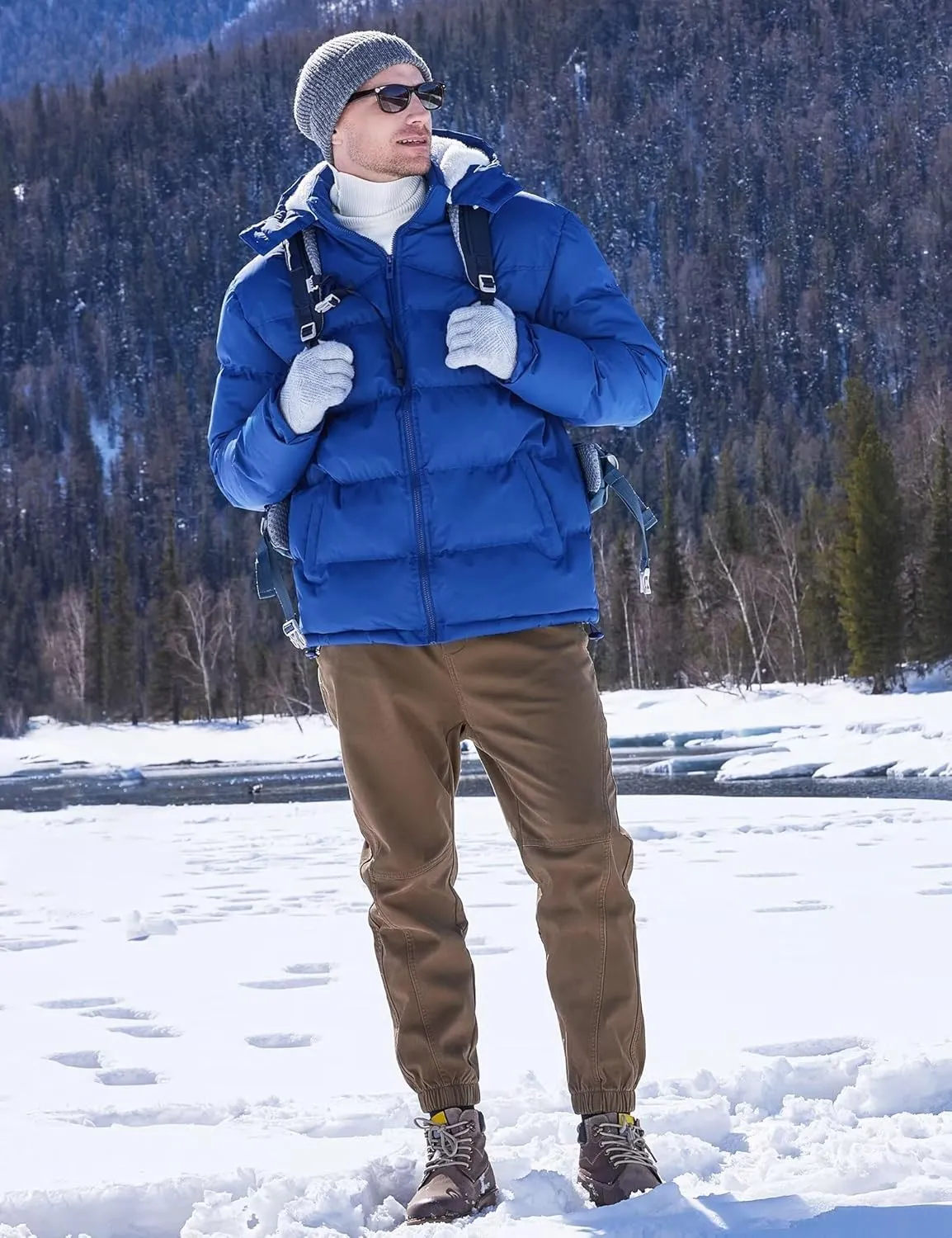 BEST SOUTH Men's Hooded Winter Puffer Jacket Fleece Warm Bubble Coat Outerwear Cold Weather