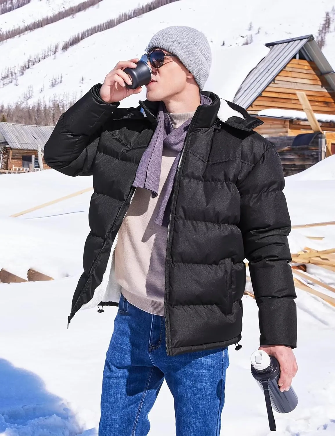 BEST SOUTH Men's Hooded Winter Puffer Jacket Fleece Warm Bubble Coat Outerwear Cold Weather