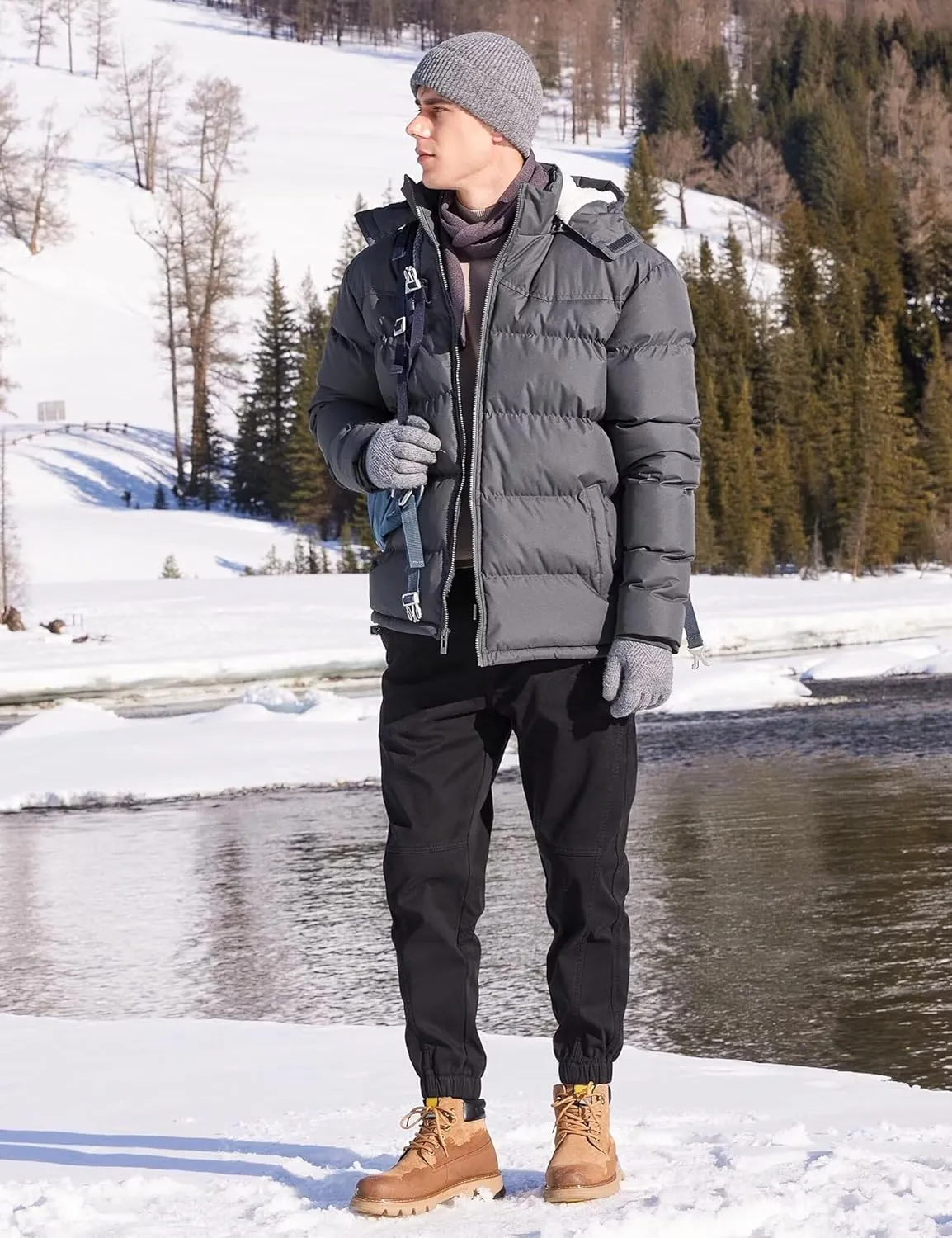 BEST SOUTH Men's Hooded Winter Puffer Jacket Fleece Warm Bubble Coat Outerwear Cold Weather