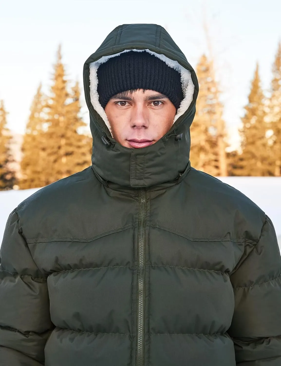BEST SOUTH Men's Hooded Winter Puffer Jacket Fleece Warm Bubble Coat Outerwear Cold Weather