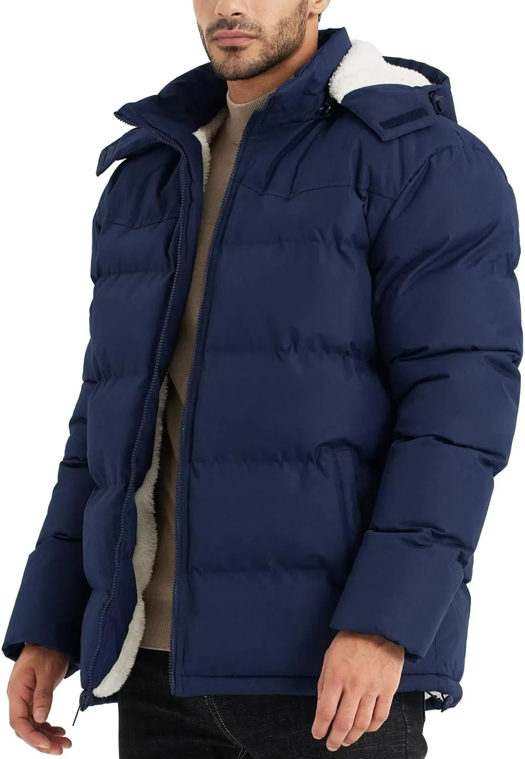 BEST SOUTH Men's Hooded Winter Puffer Jacket Fleece Warm Bubble Coat Outerwear Cold Weather