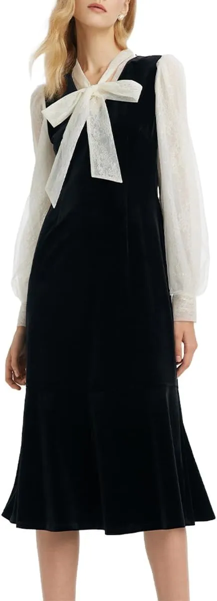 Black Dress for Women Formal Silk or Lace Long Sleeves V Neck Velvet Dresses