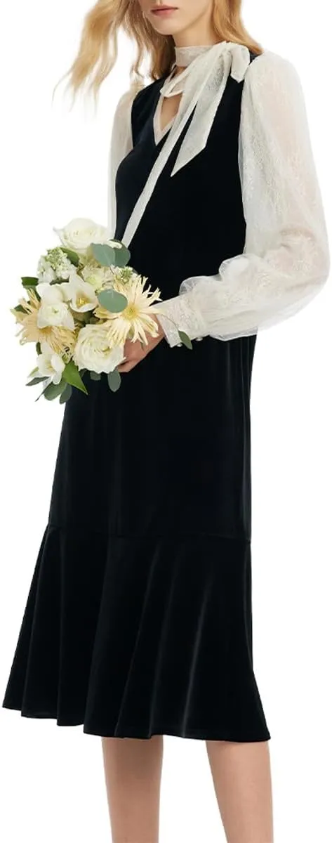 Black Dress for Women Formal Silk or Lace Long Sleeves V Neck Velvet Dresses