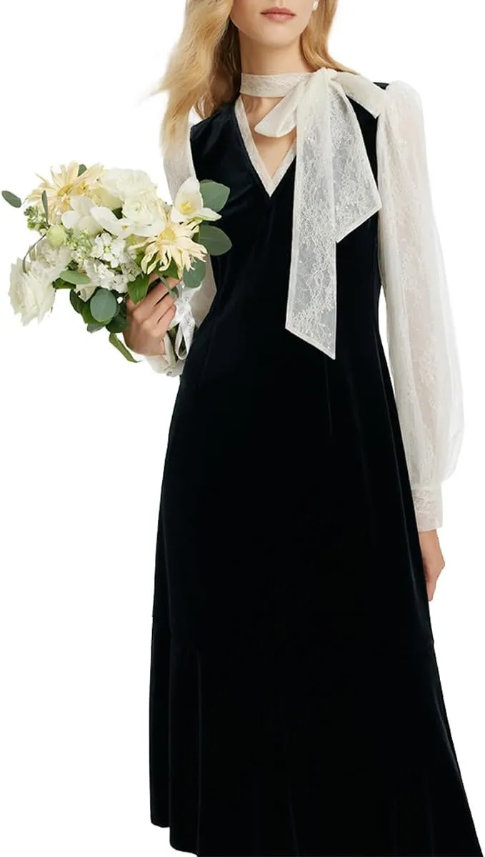 Black Dress for Women Formal Silk or Lace Long Sleeves V Neck Velvet Dresses