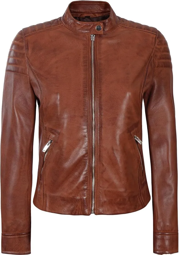 Blingsoul Cafe Racer Leather Jacket Womens - Real Lambskin Leather Jackets for Women