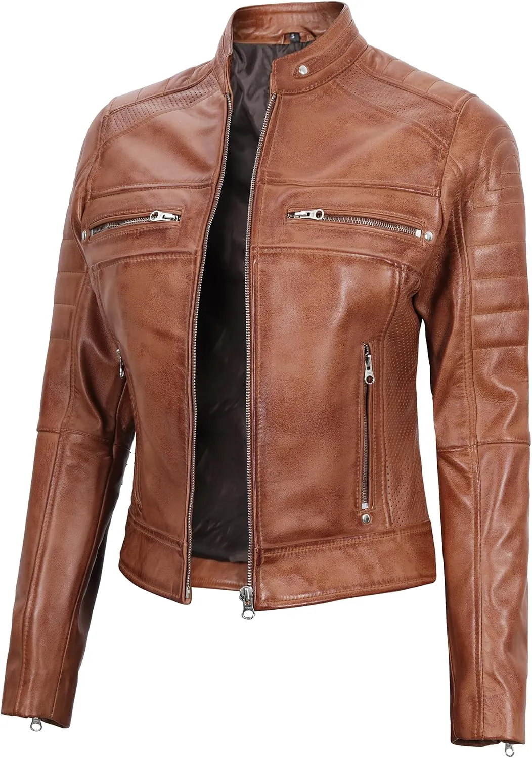 Blingsoul Cafe Racer Leather Jacket Womens - Real Lambskin Leather Jackets for Women