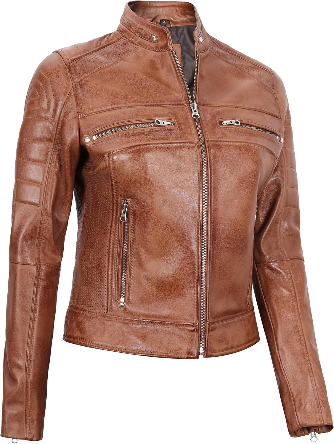 Blingsoul Cafe Racer Leather Jacket Womens - Real Lambskin Leather Jackets for Women