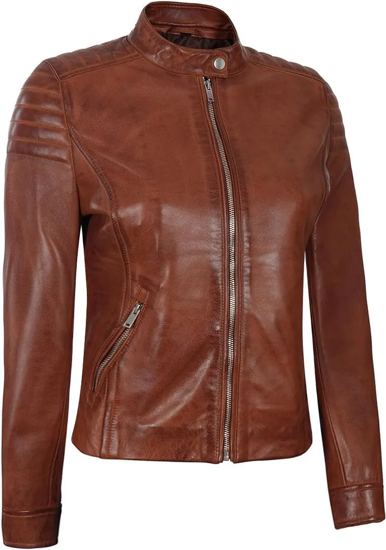 Blingsoul Cafe Racer Leather Jacket Womens - Real Lambskin Leather Jackets for Women