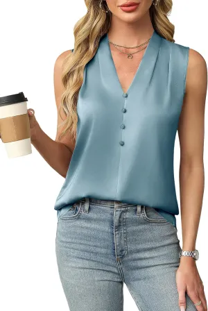 Blooming Jelly Womens Dressy Tank Tops Summer Sleeveless Work Blouses Silk Satin V Neck Shirts Business Casual Outfits
