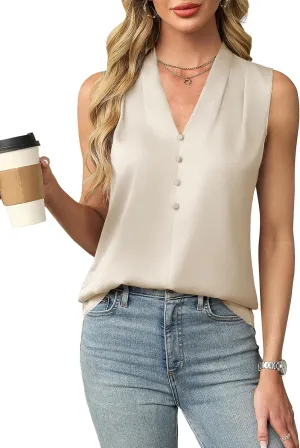 Blooming Jelly Womens Dressy Tank Tops Summer Sleeveless Work Blouses Silk Satin V Neck Shirts Business Casual Outfits