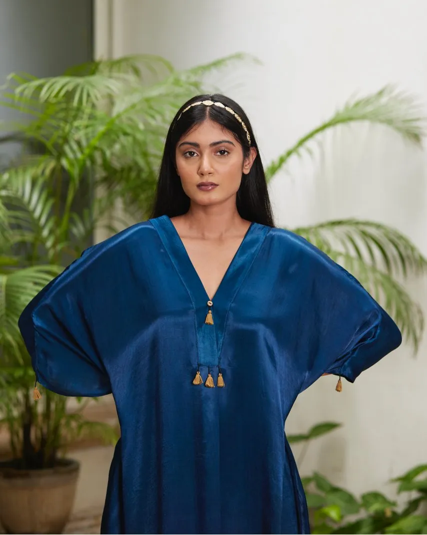 Blue Silk Kaftan With Golden Border