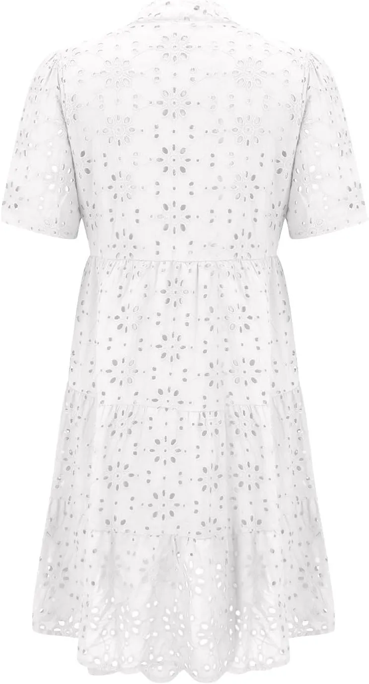 Boho Summer Dresses for Women 2025 Resort V Neck Short Sleeve Hollow Out Lace Ruffle Casual Beach Mini Vacation Dress