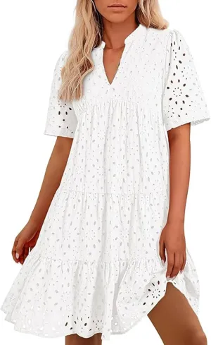 Boho Summer Dresses for Women 2025 Resort V Neck Short Sleeve Hollow Out Lace Ruffle Casual Beach Mini Vacation Dress