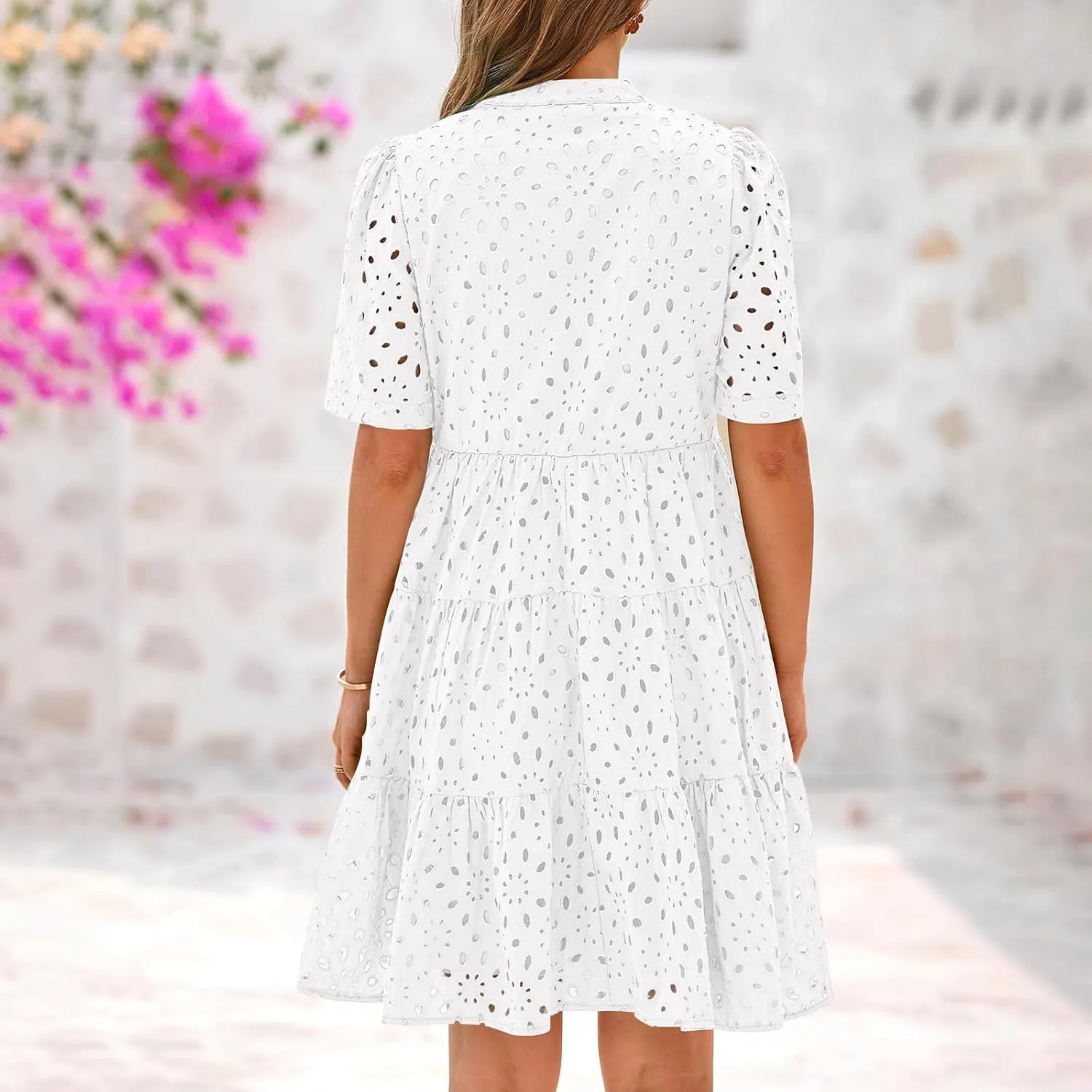 Boho Summer Dresses for Women 2025 Resort V Neck Short Sleeve Hollow Out Lace Ruffle Casual Beach Mini Vacation Dress