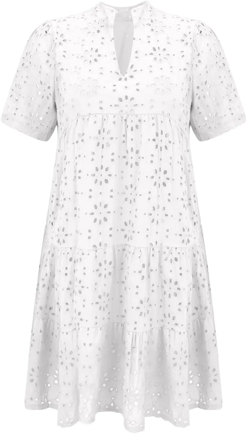 Boho Summer Dresses for Women 2025 Resort V Neck Short Sleeve Hollow Out Lace Ruffle Casual Beach Mini Vacation Dress