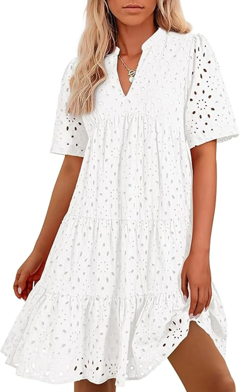 Boho Summer Dresses for Women 2025 Resort V Neck Short Sleeve Hollow Out Lace Ruffle Casual Beach Mini Vacation Dress