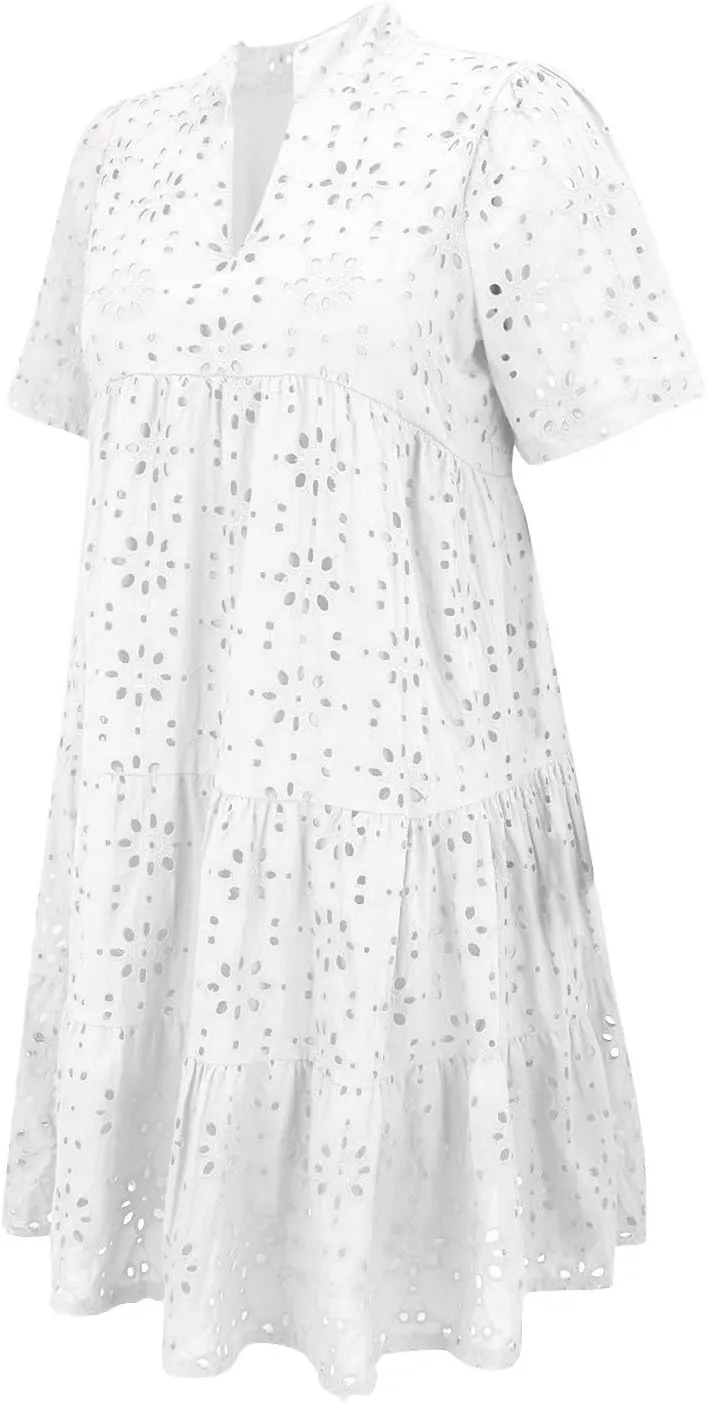 Boho Summer Dresses for Women 2025 Resort V Neck Short Sleeve Hollow Out Lace Ruffle Casual Beach Mini Vacation Dress